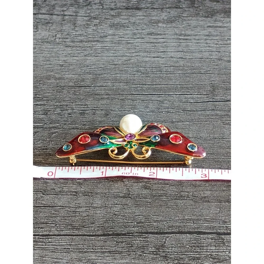 Joan Rivers Butterfly Red Green Purple Enamel Rhinestone Faux Pearl Brooch Vint